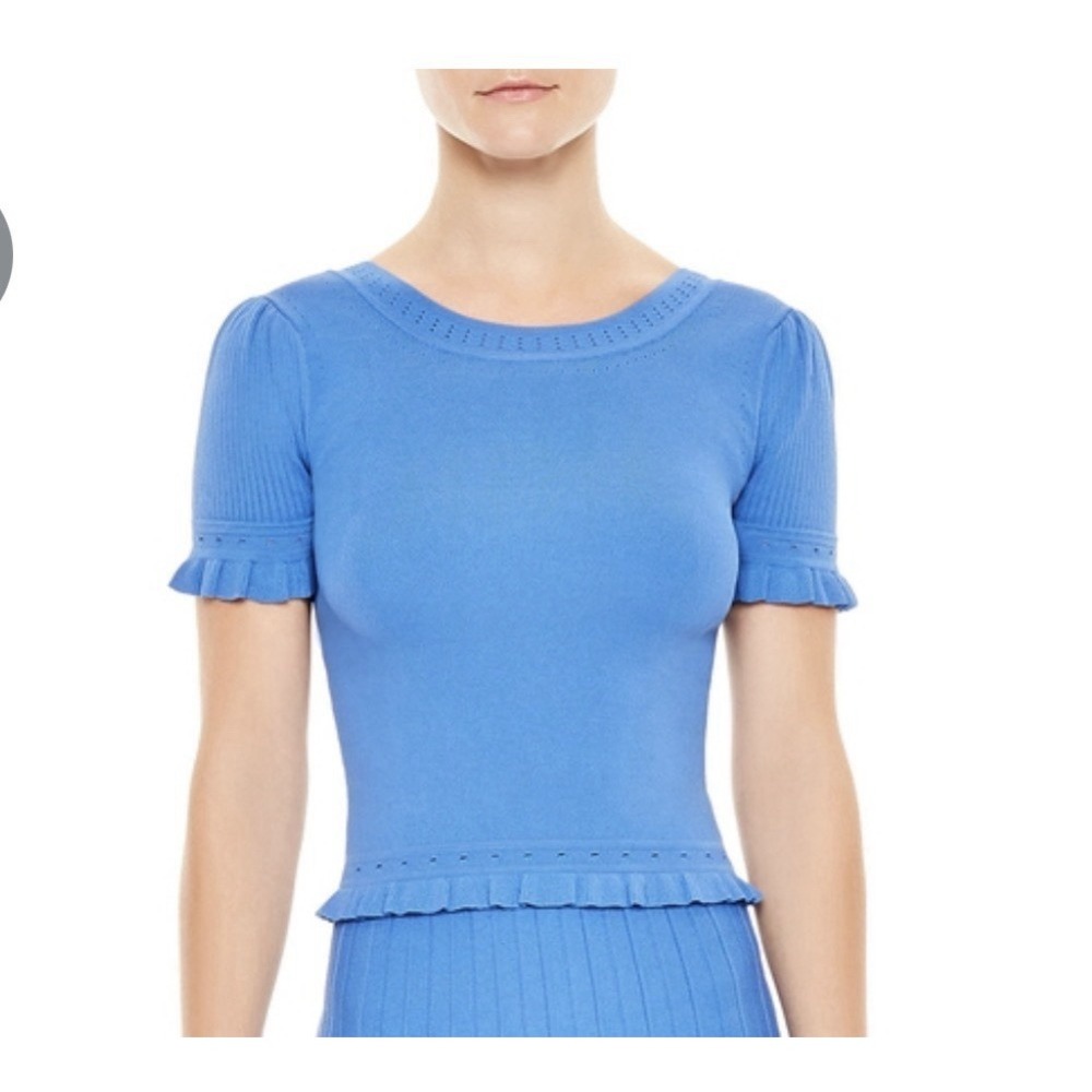 Sandro Paris Short Sleeve S Blue Eyelet Quincy Knit Top Cropped Sweater Classic